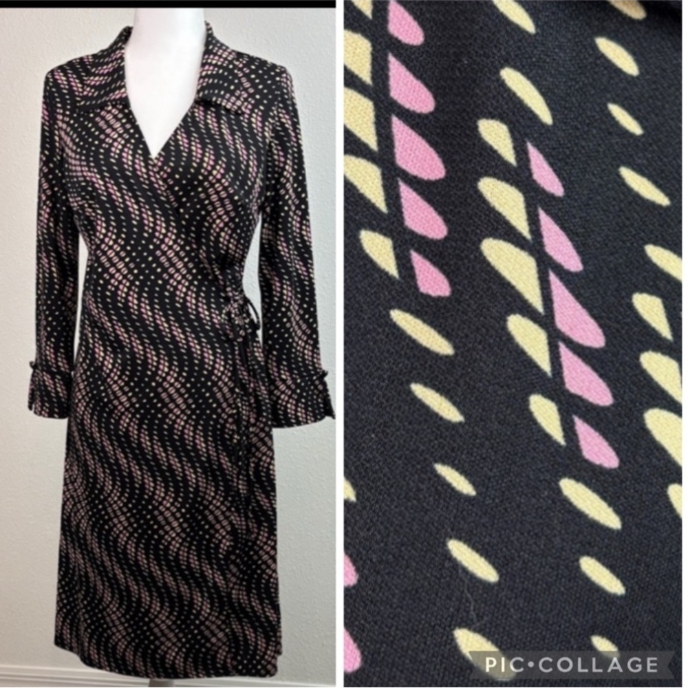 Studio C: long sleeve collared poly stretch wrap dress peach, black, tan M